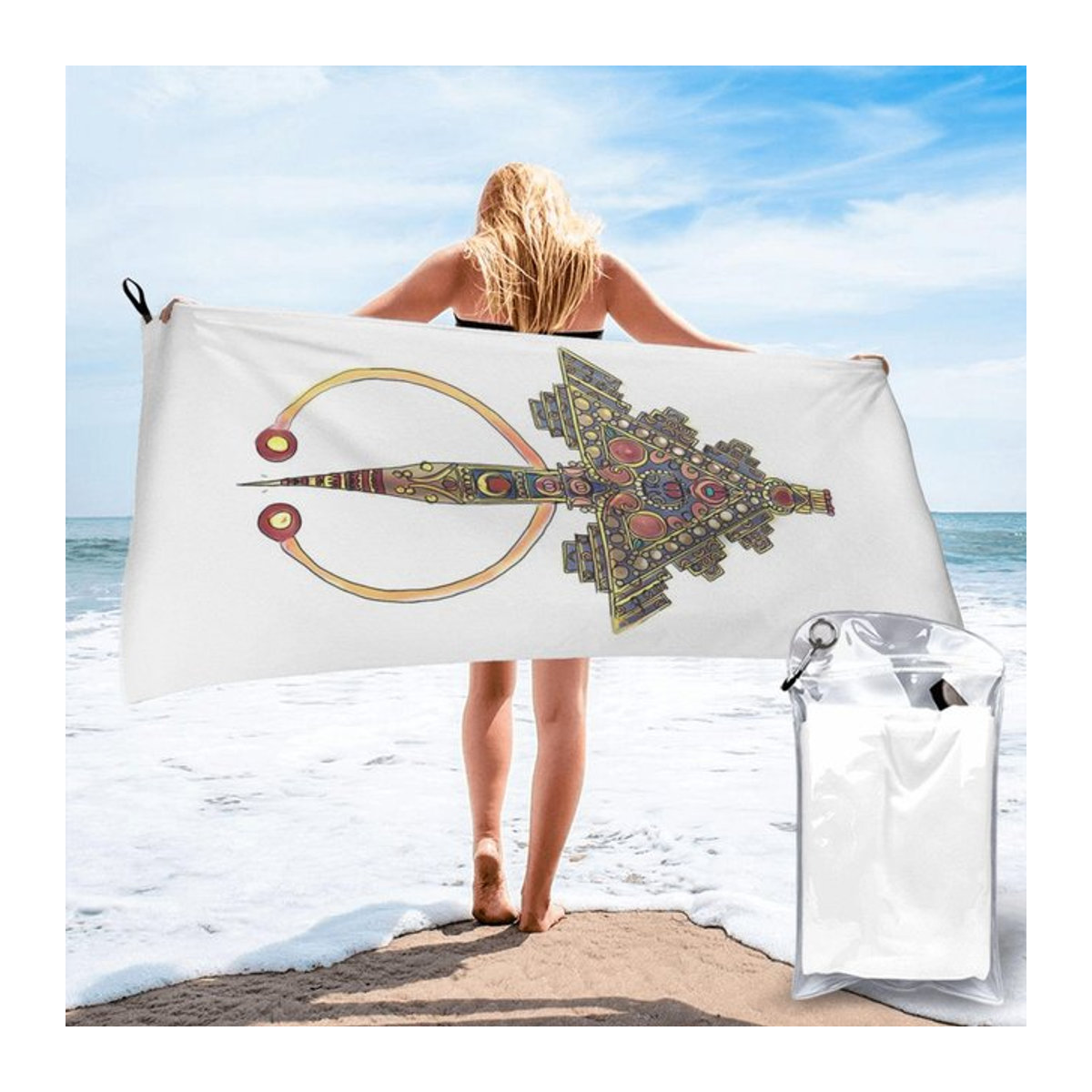 Saugfähiges Mikrofaser Strandtuch mit kabylischem Amazigh-Muster aus Marokko in Weiß, B: 40 cm, H: 60 cm - Bild 1