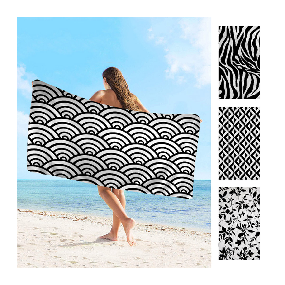 Saugfähiges Mikrofasertuch mit Schwarz-Weiß-Muster für Strand, Yoga und Schwimmbad - Bild 1