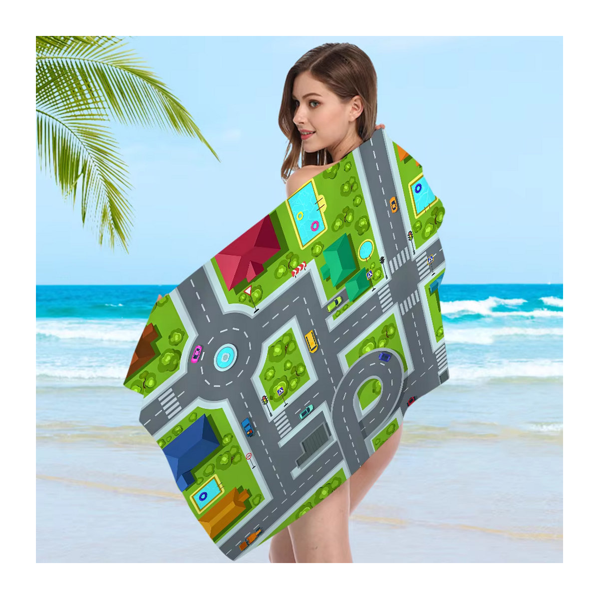 Saugfähiges Mikrofasertuch mit Straßenverkehr-Routenkarte für Strand, Yoga und Schwimmbad - Bild 5