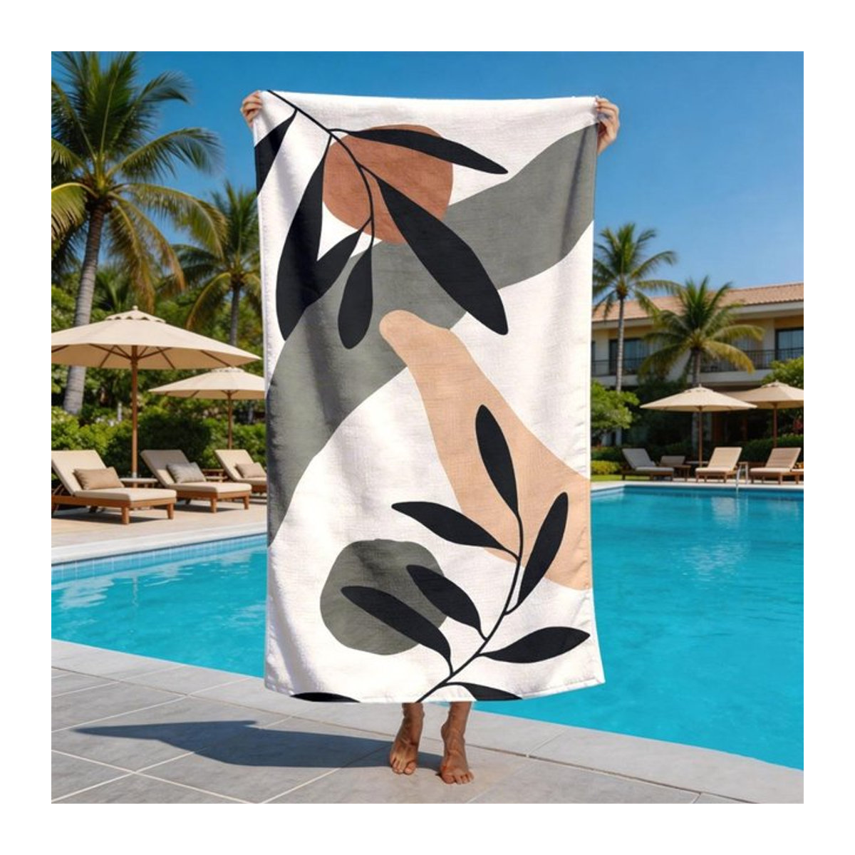 Saugfähiges Strandtuch aus Polyester-Mikrofaser mit abstraktem Pflanzenmuster im Mondrian-Stil in Weiß, B: 40 cm, H: 60 cm - Bild 1