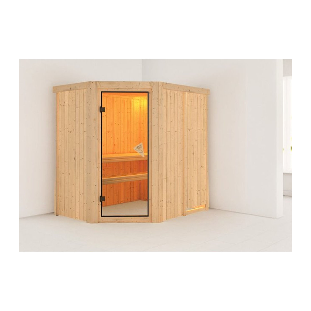 Sauna SAJA aus Kiefer Massivholz mit Ganzglastür in Bronze, B: 151 cm, T: 196 cm - Bild 1