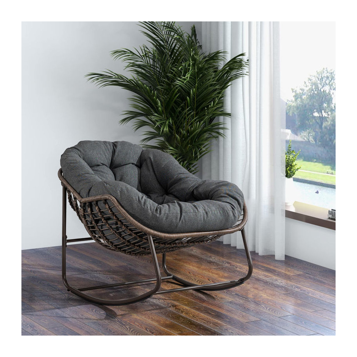 Schaukel-Eiersessel mit dickem Sitzkissen für Indoor und Outdoor, Dunkelgrau, B/T/H: 111 x 94,5 x 80 cm - Bild 2