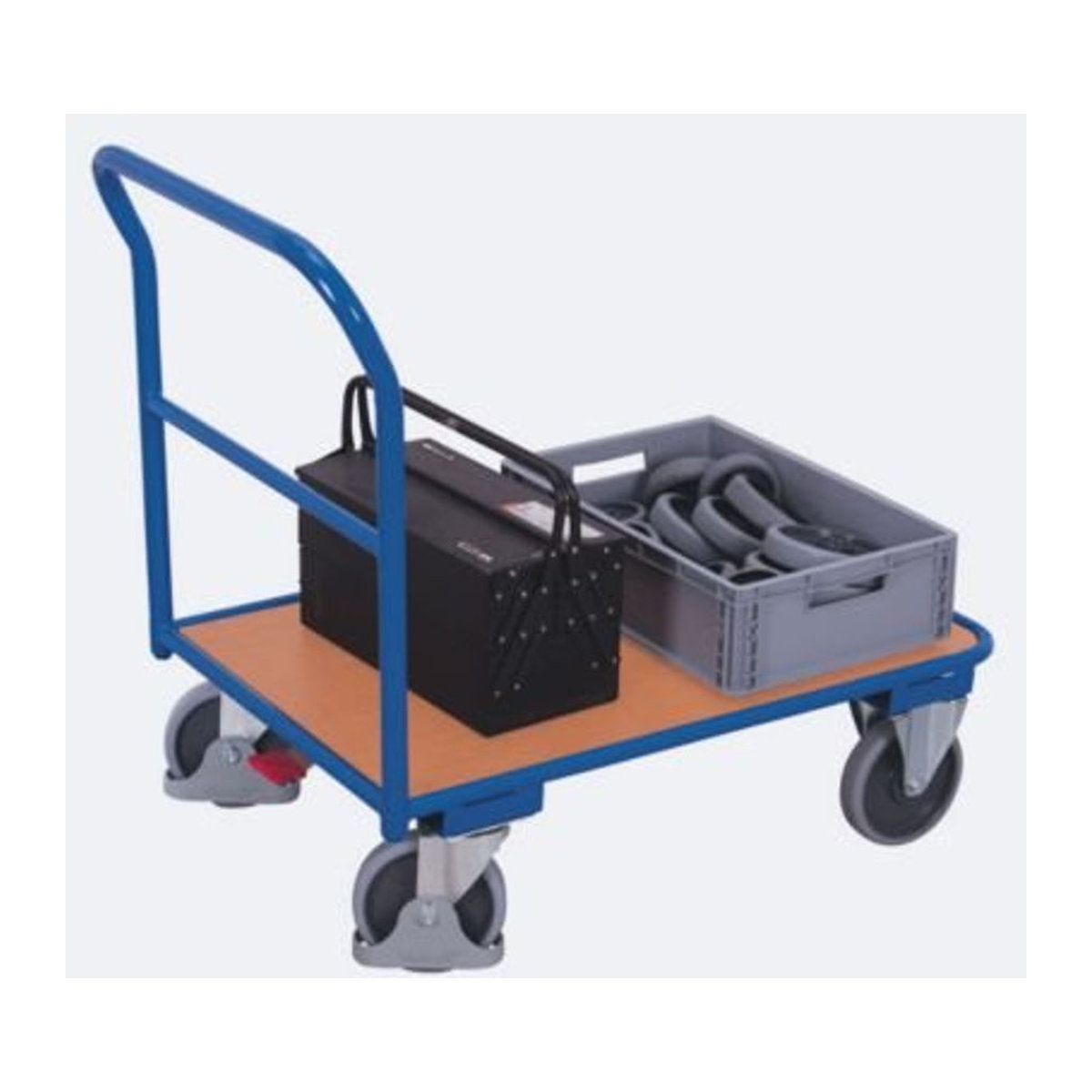 Schiebebügelwagen aus Stahl und Holzwerkstoff in Enzianblau und Buche-Dekor mit Querstrebe und TPE-Rollen mit EasySTOP bis 400 kg, L 1200 x B 700 mm - Bild 1