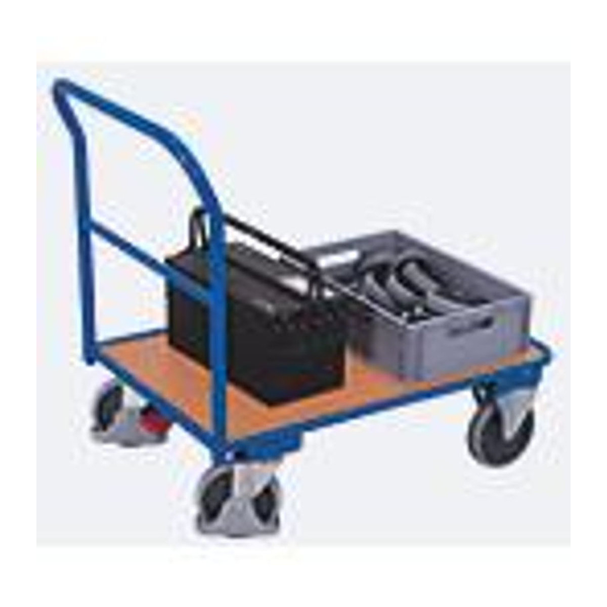 Schiebebügelwagen aus Stahl und Holzwerkstoff in Enzianblau und Buche-Dekor mit Querstrebe und TPE-Rollen mit EasySTOP bis 400 kg, L 1200 x B 700 mm - Bild 2