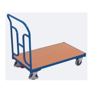Schiebebügelwagen aus Stahl und MDF-Platte in Enzianblau und Buche-Dekor mit TPE-Rollen und EasySTOP, Belastbarkeit bis 250 kg, L 1030 x B 600 mm