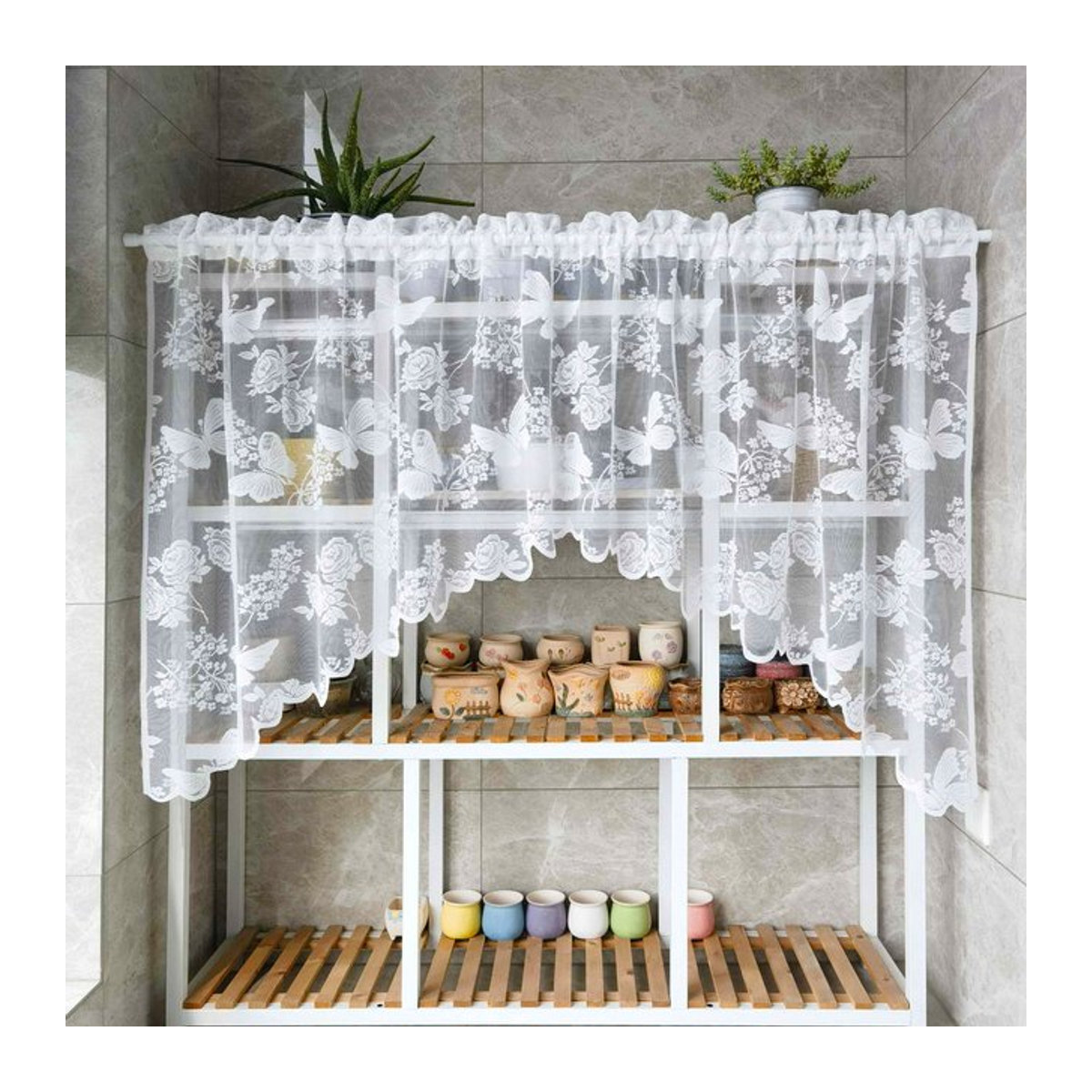 Schmetterlings-Spitzenvorhang für Küche und Café in rustikalem Design aus durchsichtigem Voile - Bild 1