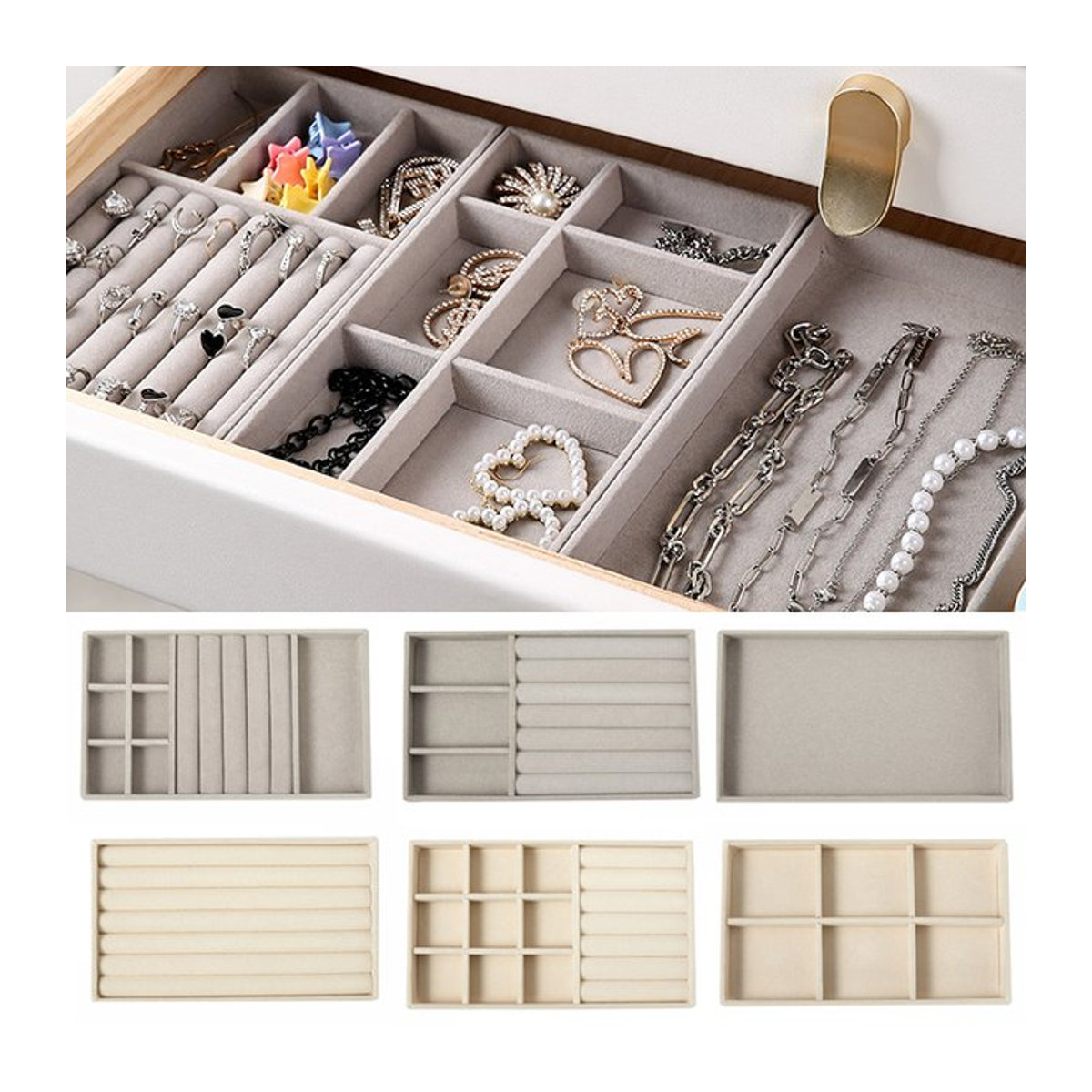 Schmuck-Display-Tablett aus Samt in Beige als Organizer für Halsketten, Armbänder, Ohrringe und Ringe - Bild 1