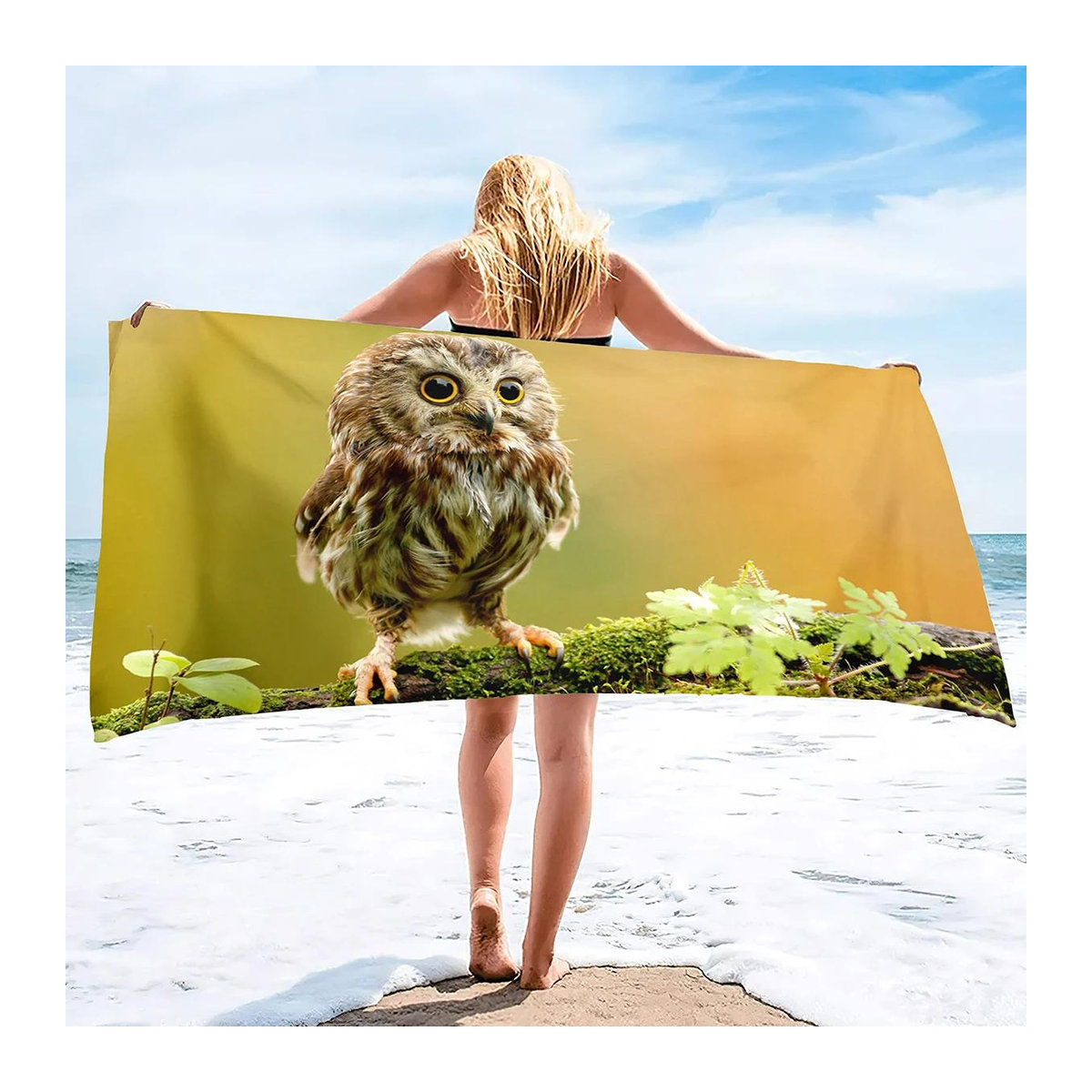 Schnelltrocknendes Mikrofaser-Strandtuch mit Eulen-Motiv in Weiß, B: 40 cm, H: 60 cm - Bild 2