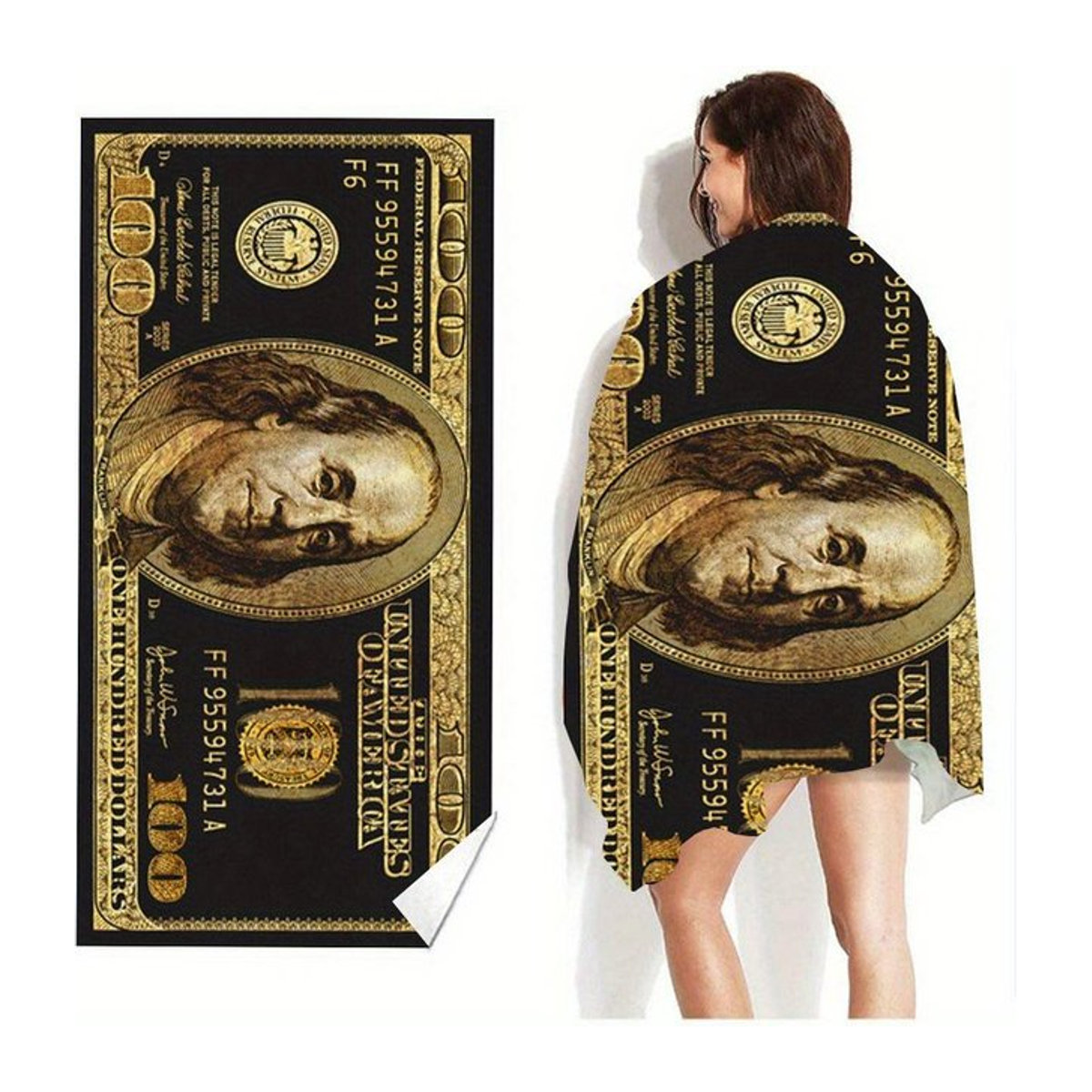 Schnelltrocknendes Mikrofaser Strandtuch mit Hundert-Dollar-Print, Multicolor, Breite: 30 cm, Höhe: 60 cm - Bild 1