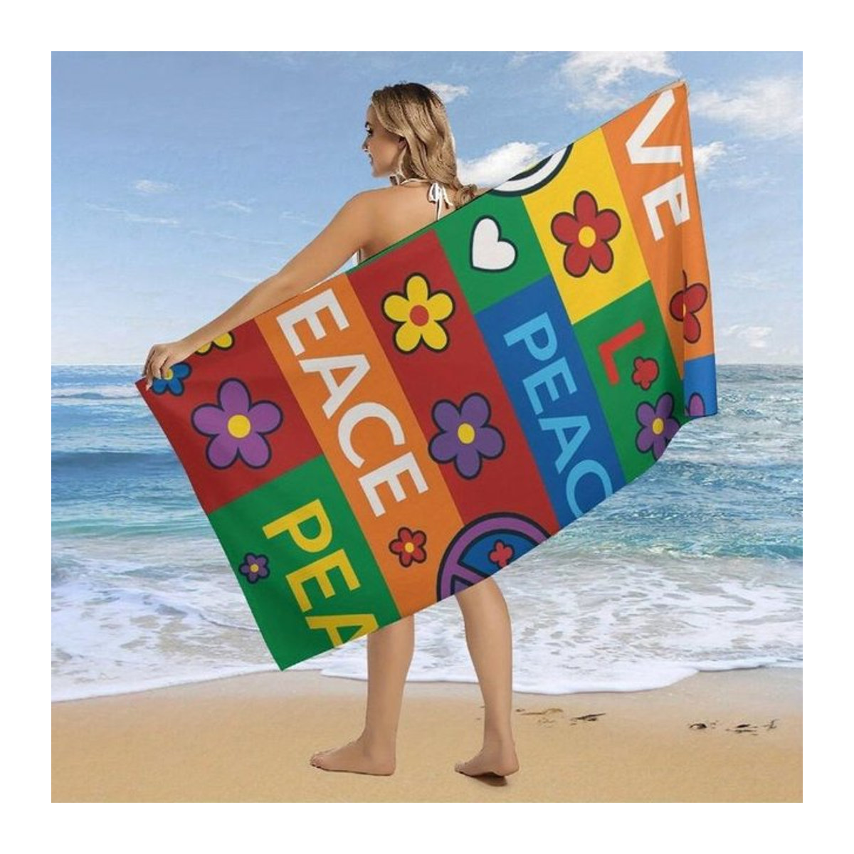 Schnelltrocknendes Mikrofaser-Strandtuch mit LOVE PEACE Blumenmuster in Multicolor, ideal als Bade-, Pool- oder Fitnessstudio-Handtuch, Breite: 40 cm, Höhe: 60 cm - Bild 1