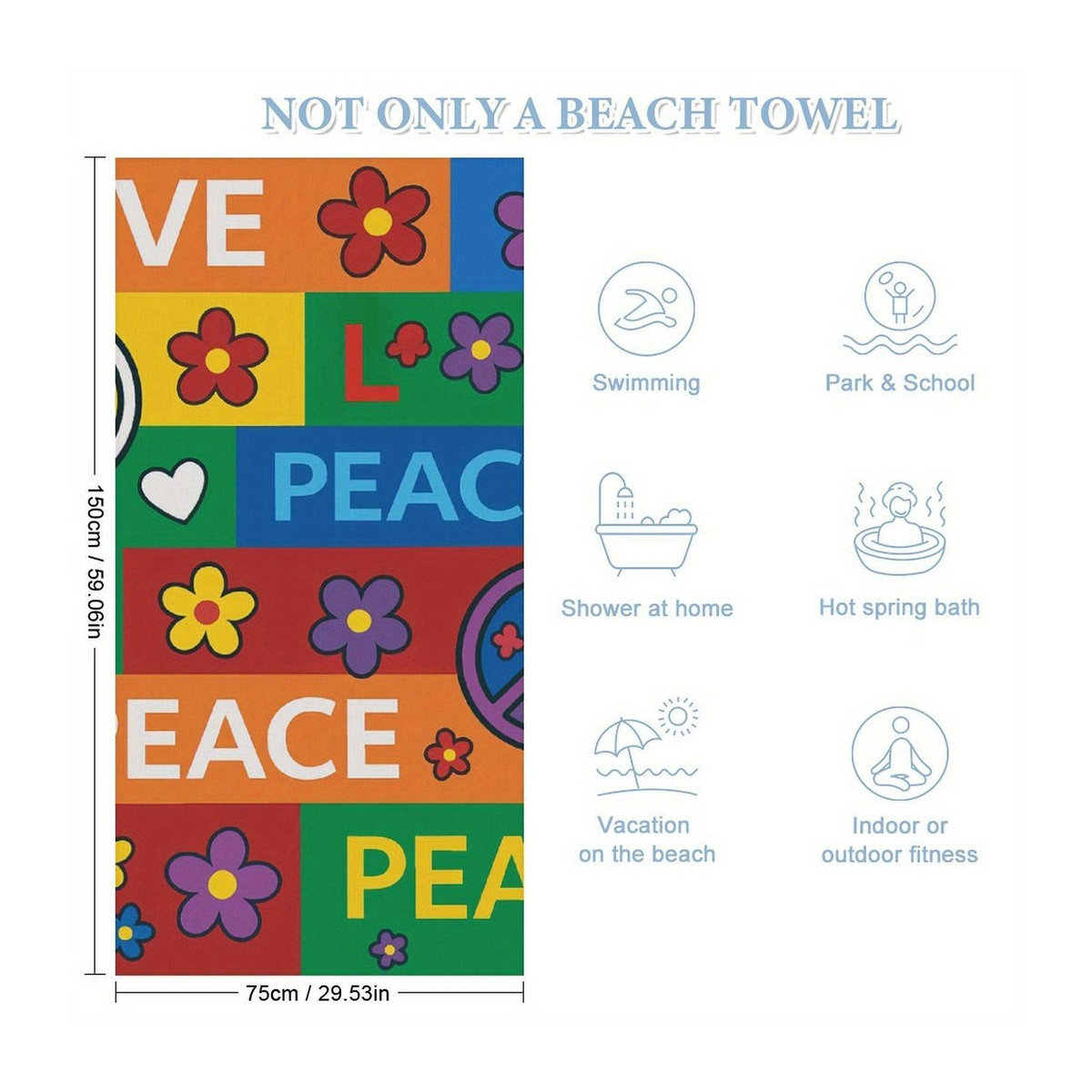 Schnelltrocknendes Mikrofaser-Strandtuch mit LOVE PEACE Blumenmuster in Multicolor, ideal als Bade-, Pool- oder Fitnessstudio-Handtuch, Breite: 40 cm, Höhe: 60 cm - Bild 3
