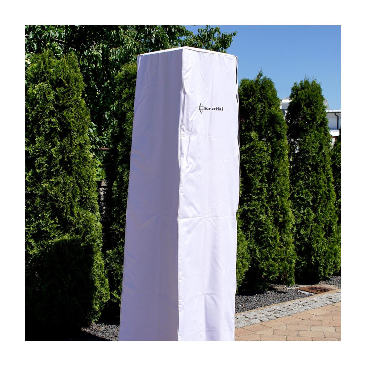Schutzhülle für Gas-Regenschirmheizung von Kratki in Weiß mit schwarzem Logo aus Polyester und PVC - Bild 3
