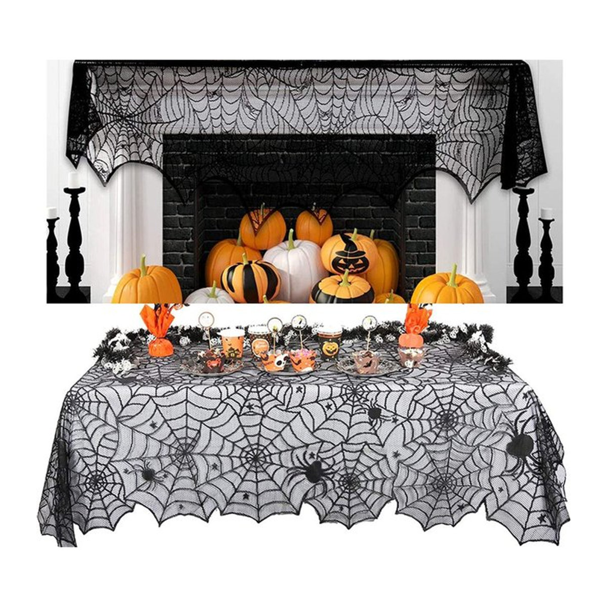 Schwarze Halloween Tischdecke aus Mesh-Stoff mit Spitze für deine Dekoration - Bild 1