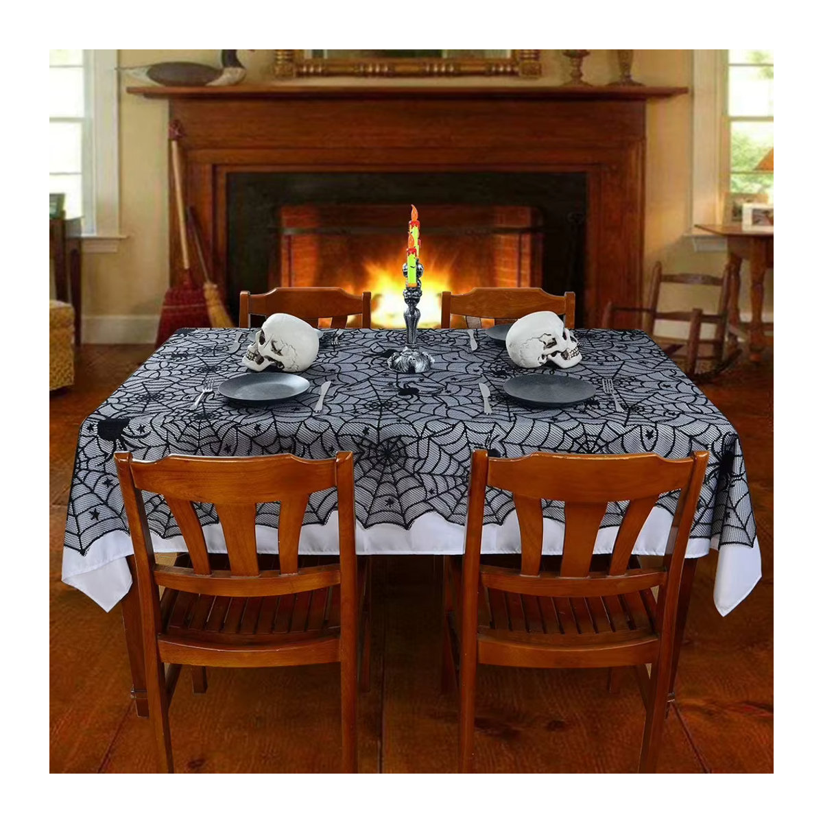Schwarze Halloween Tischdecke aus Mesh-Stoff mit Spitze für deine Dekoration - Bild 3