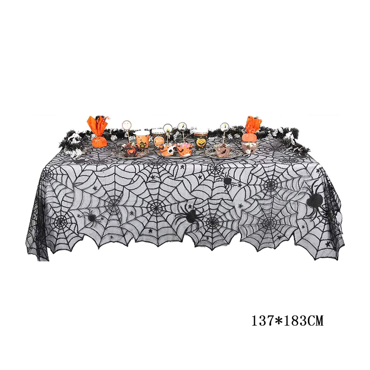 Schwarze Halloween Tischdecke aus Mesh-Stoff mit Spitze für deine Dekoration - Bild 4