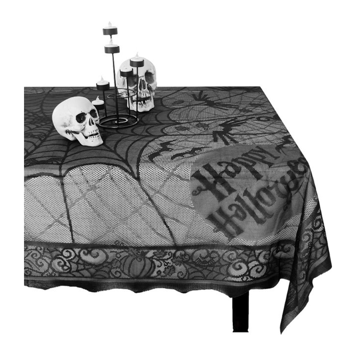 Schwarze Halloween Tischdecke aus Spitze im Spinnennetz-Design, B/B: 200 x 140 cm - Bild 1