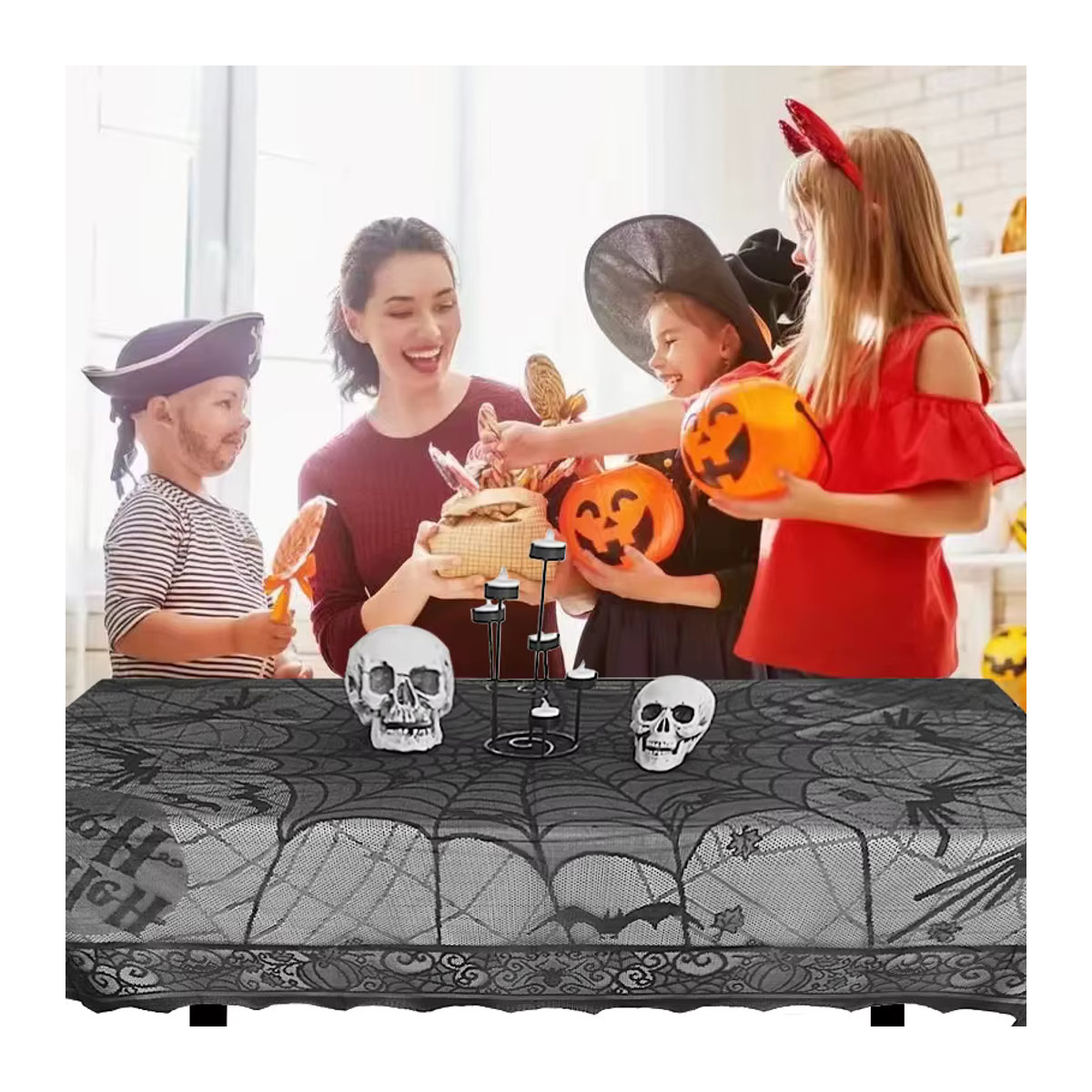 Schwarze Halloween Tischdecke aus Spitze im Spinnennetz-Design, B/B: 200 x 140 cm - Bild 2