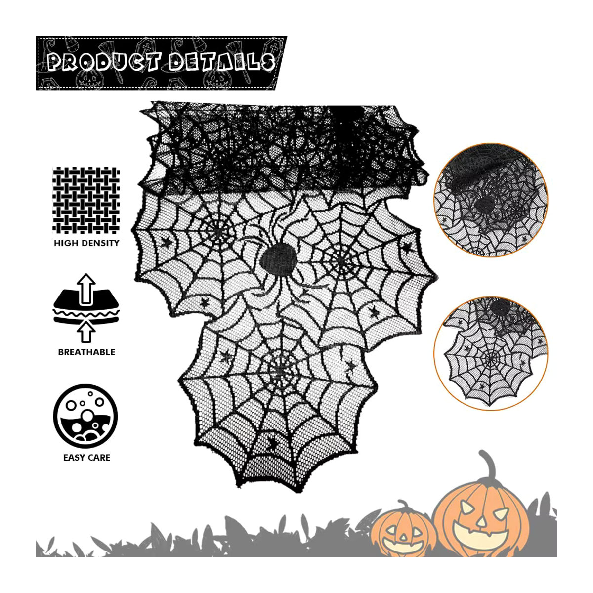 Schwarzer Halloween Tischläufer aus Spitze im Spinnennetz-Design für deinen Esstisch oder deine Küche - Bild 3