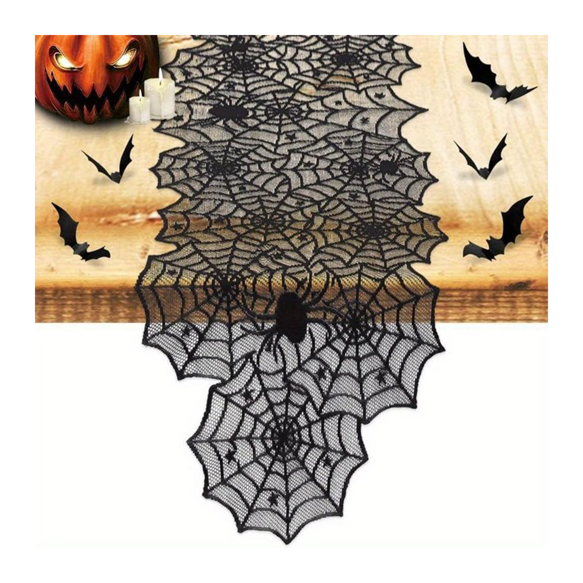 Schwarzer Spitzentischläufer mit 3D Fledermäusen und Spinnennetz für deine Halloween Dekoration - Bild 1