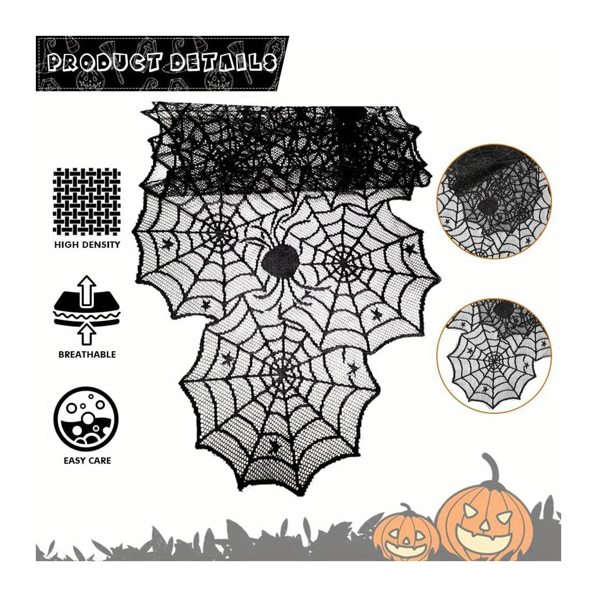 Schwarzer Spitzentischläufer mit 3D Fledermäusen und Spinnennetz für deine Halloween Dekoration - Bild 3