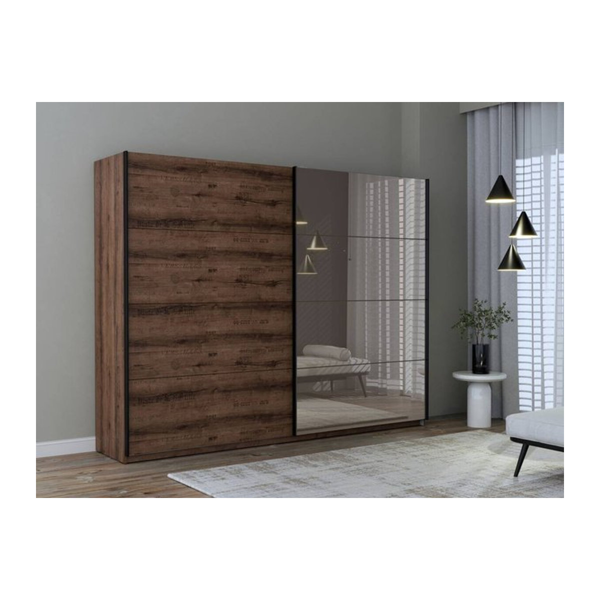 Schwebetürenschrank Jacky in Schlamm Eiche mit Spiegel, modern und freistehend, B/H/T: 269,9 x 209,7 x 61,2 cm - Bild 1