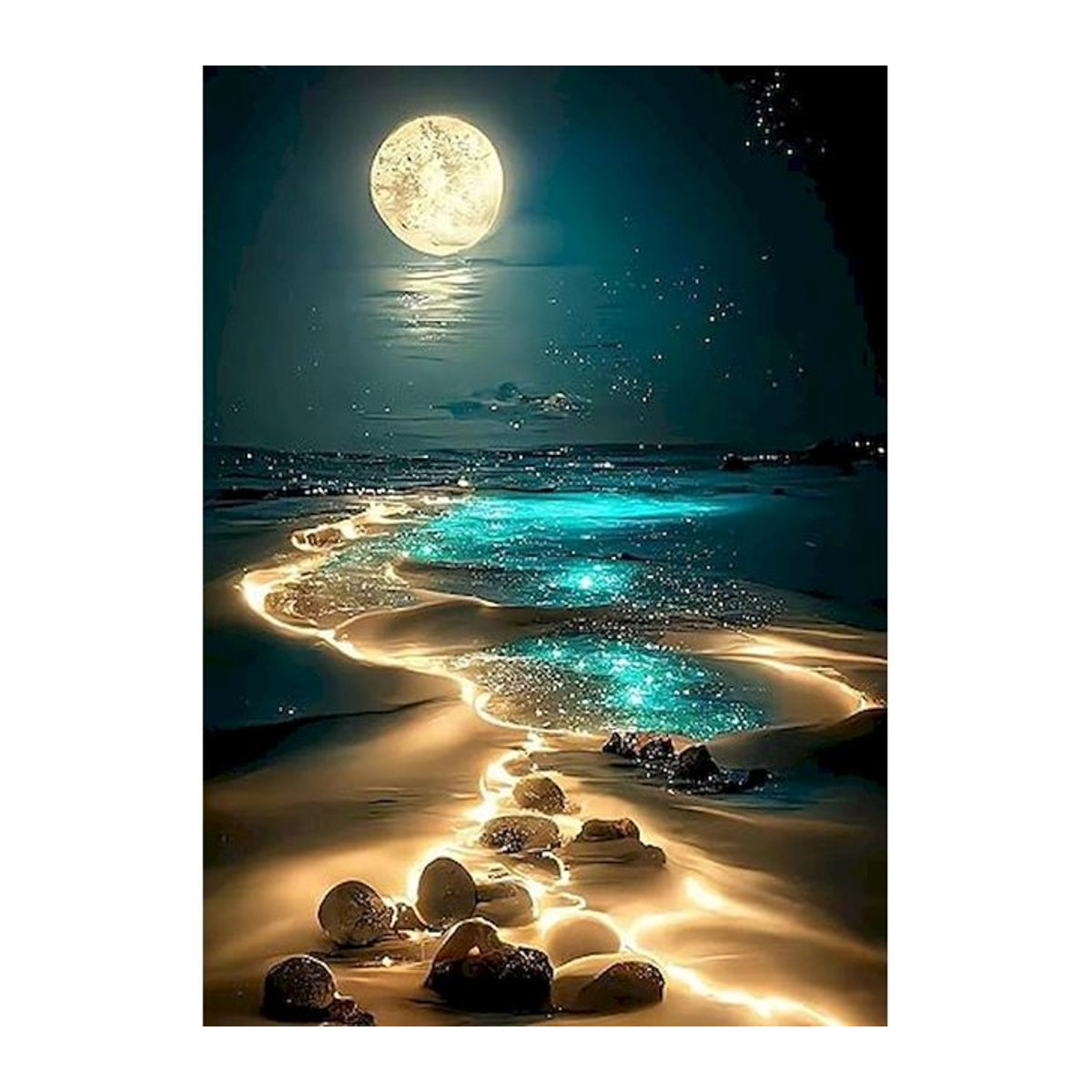 Sdoyuno 5D Diamond Painting Set Mondlicht Strand Landschaft als Mosaik Wanddeko mit runden Steinen - Bild 1