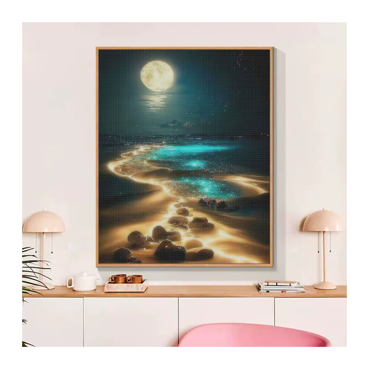 Sdoyuno 5D Diamond Painting Set Mondlicht Strand Landschaft als Mosaik Wanddeko mit runden Steinen - Bild 2