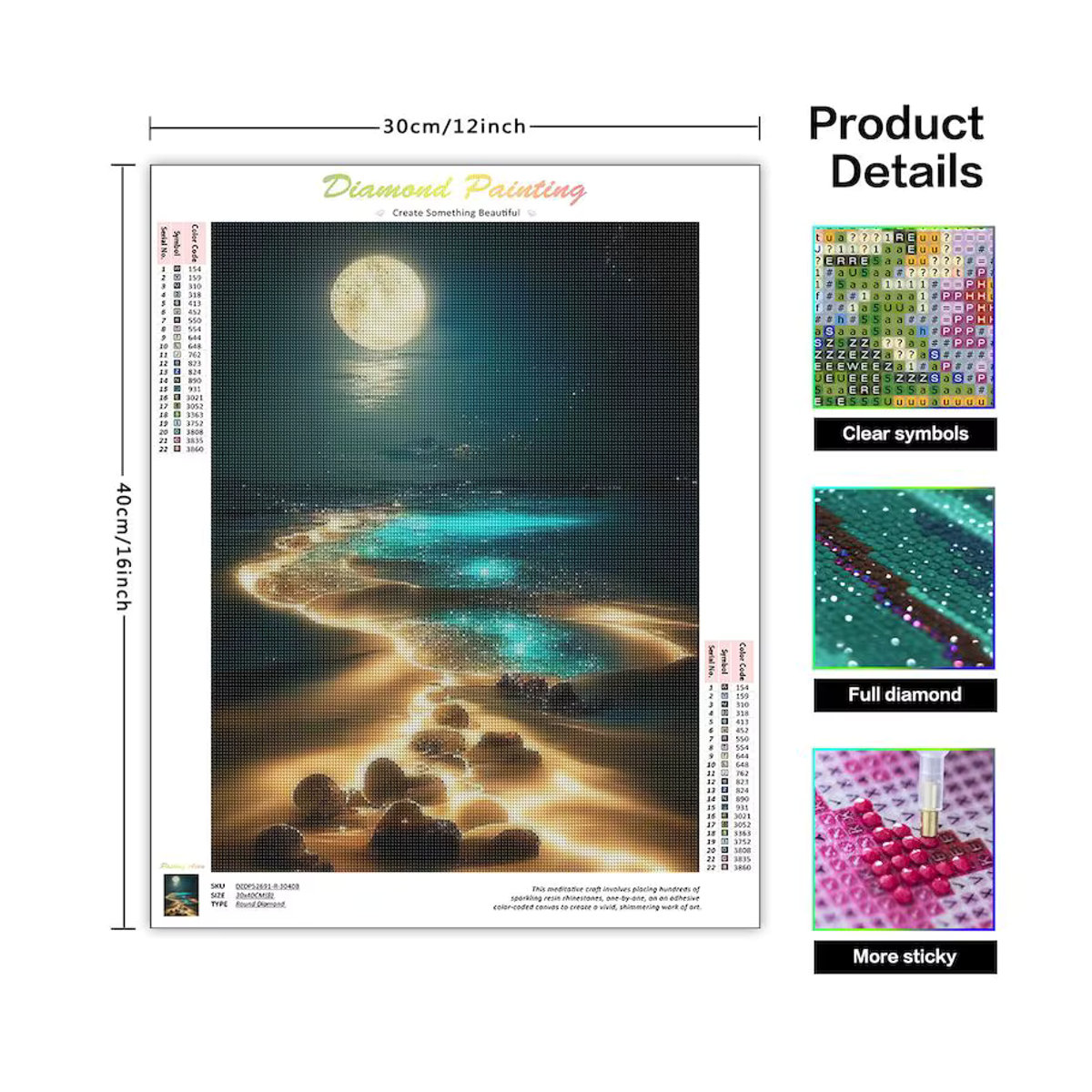 Sdoyuno 5D Diamond Painting Set Mondlicht Strand Landschaft als Mosaik Wanddeko mit runden Steinen - Bild 3
