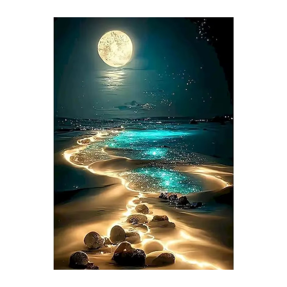 Sdoyuno 5D Diamond Painting Set Mondlicht Strand Landschaft als Mosaik Wanddeko mit runden Steinen - Bild 4
