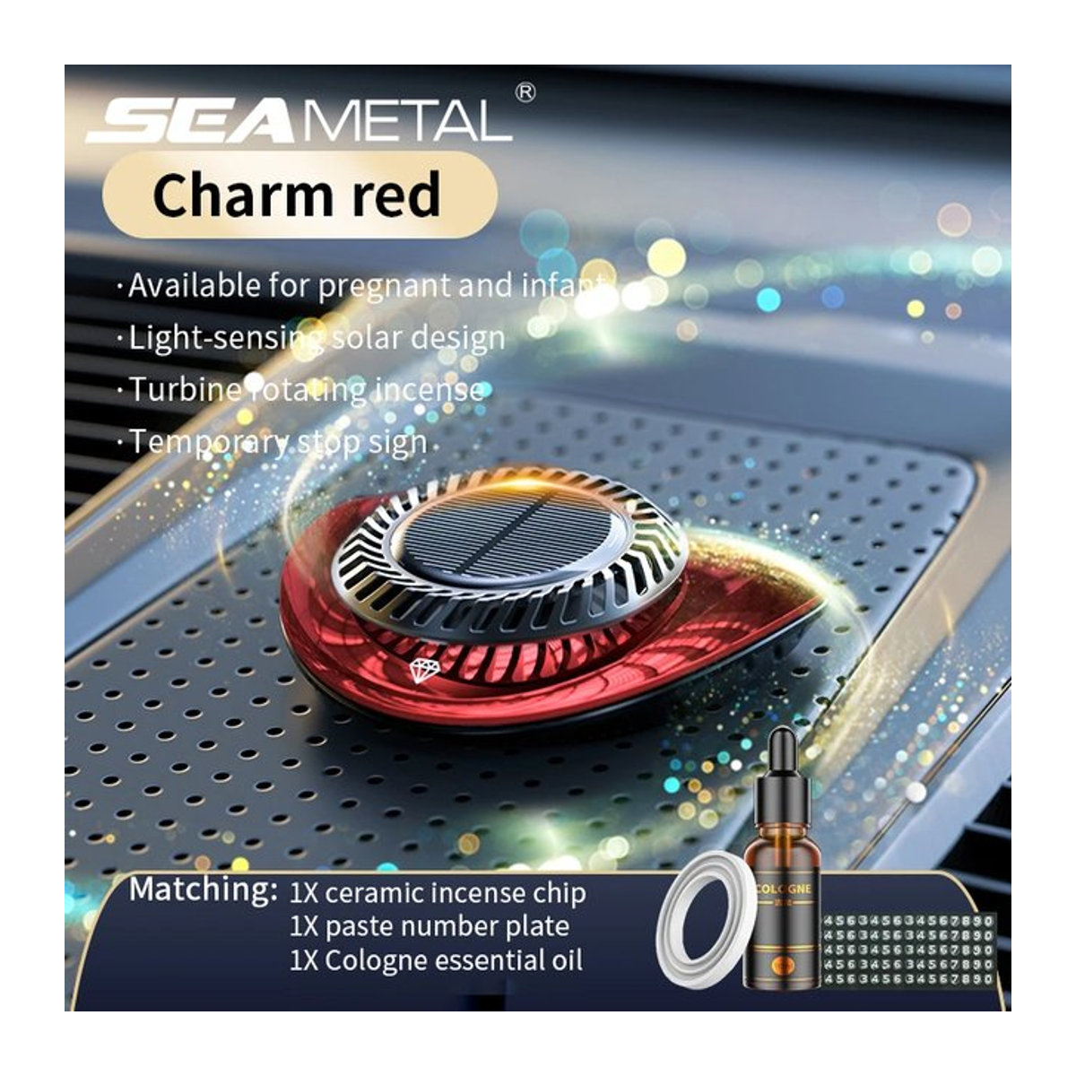 SEAMETAL Solar-Auto-Lufterfrischer in Rot mit EP-Solarenergie-Sensor, Diffusor für ätherische Öle und automatischer Rotation für dein Nummernschild - Bild 1