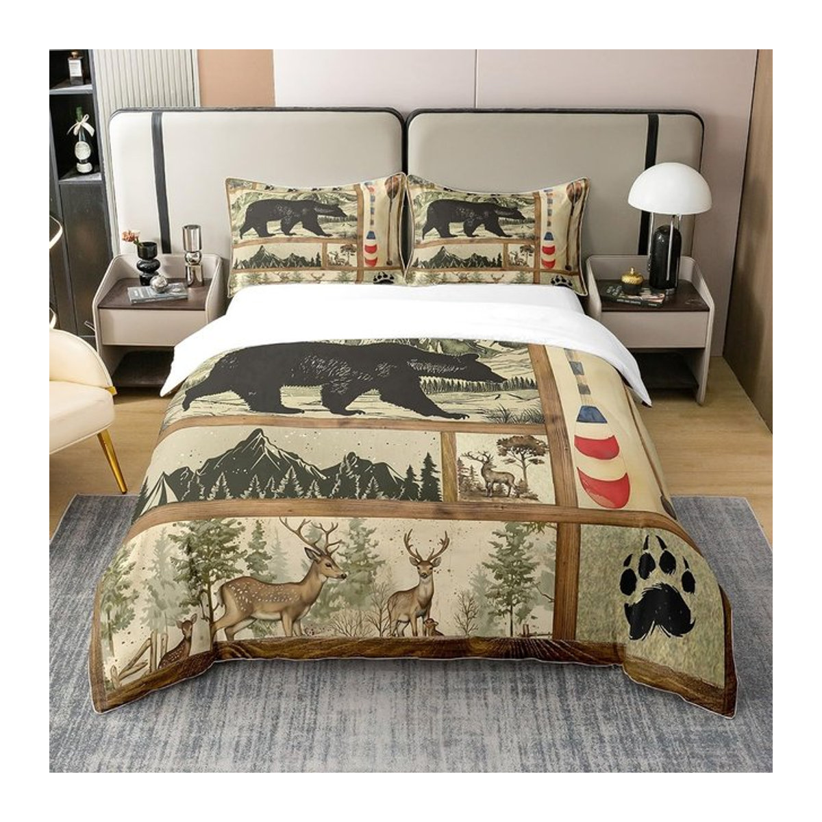 Seehaus Bettwäsche Set Bauernhaus Jagd Motiv mit Bär Hirsch und Elch, Single Bettbezug und Kopfkissenbezug, B/H: 135 x 200 cm - Bild 1