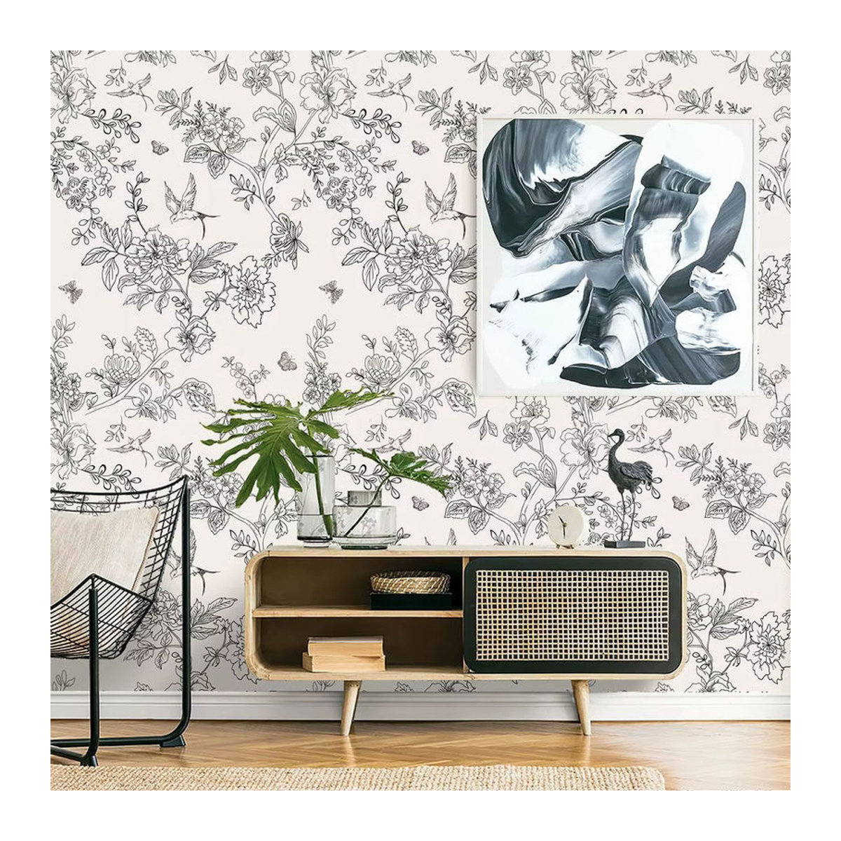 Selbstklebende Blumentapete von Brangdy in Schwarz-Weiß mit floralem Vintage-Muster und Vögeln - Bild 2