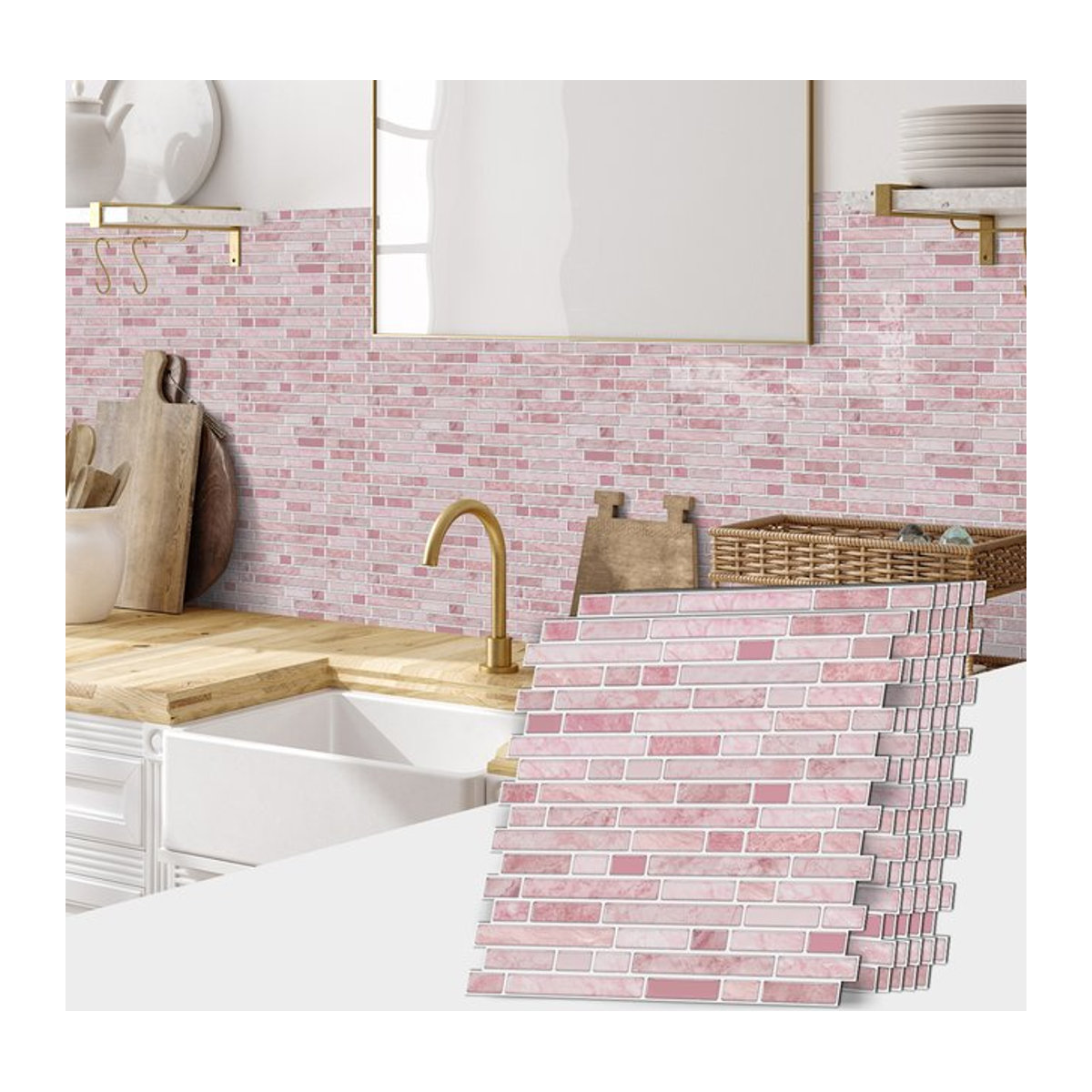Selbstklebende Wandaufkleber in Marmor-Optik, Rosa, Wasserdicht, PVC, Rechteckig, B/H: 30,48 x 30,48 cm - Bild 1