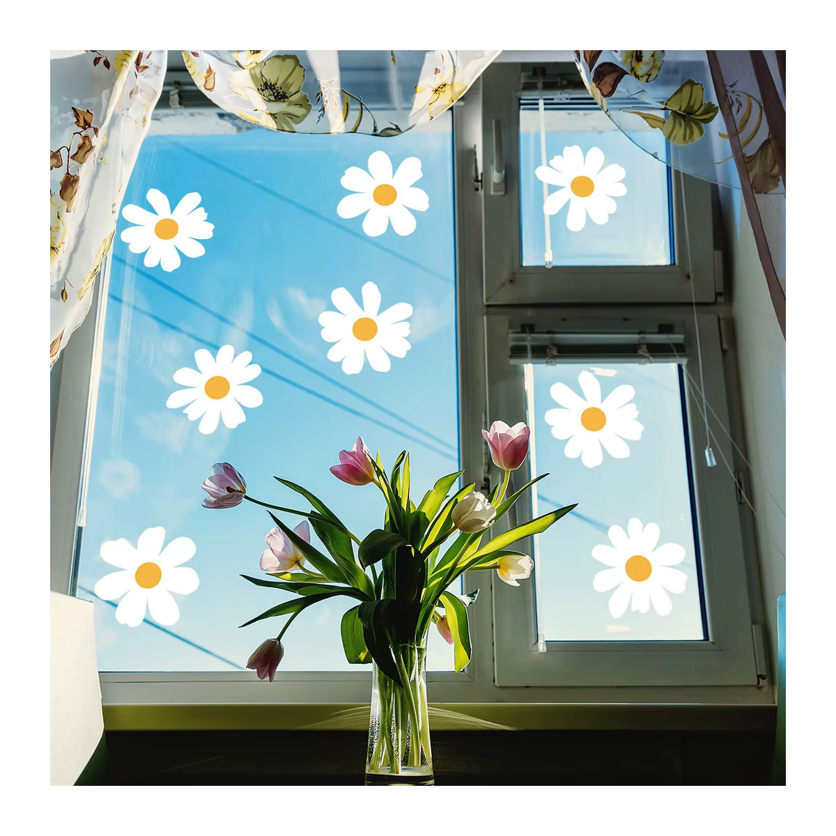 Selbstklebende Wandaufkleber mit weißem Gänseblümchen-Design für Fenster und Glas, florale DIY Dekoration, B/H: 30 x 30 cm - Bild 4