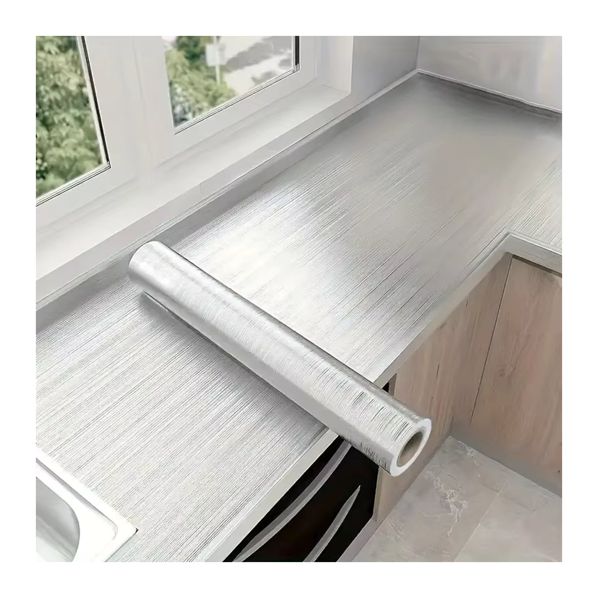 Selbstklebender Wandaufkleber von ctzszzmm in gebürstetem Silber, wasserdichte Tapete aus Metall-Optik für Küche und Wohnzimmer, Breite: 40 cm - Bild 2