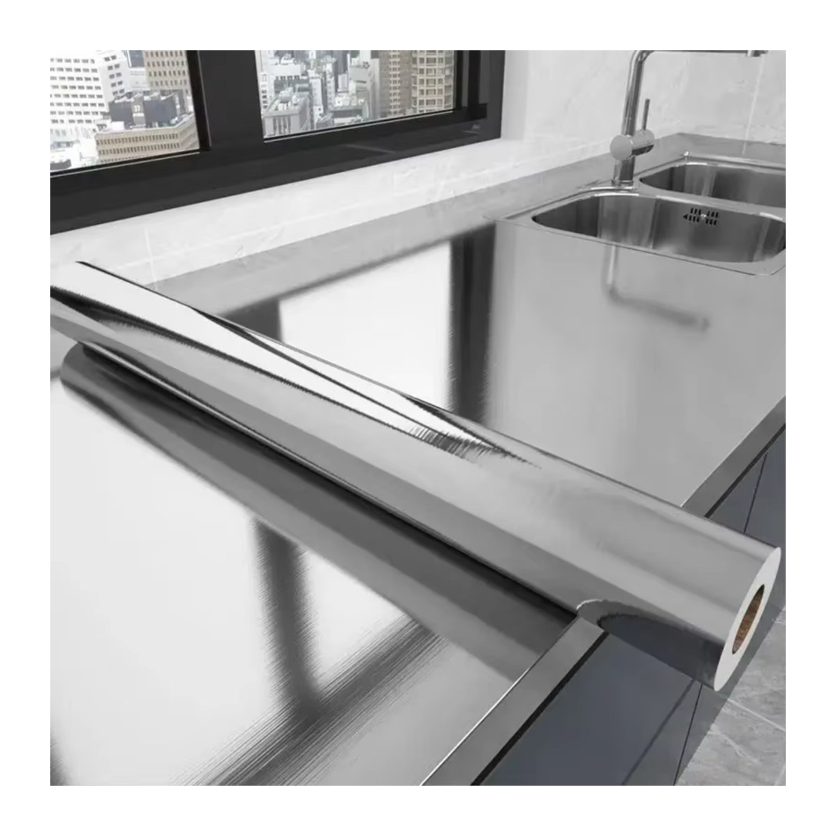 Selbstklebender Wandaufkleber von ctzszzmm in gebürstetem Silber, wasserdichte Tapete aus Metall-Optik für Küche und Wohnzimmer, Breite: 40 cm - Bild 3