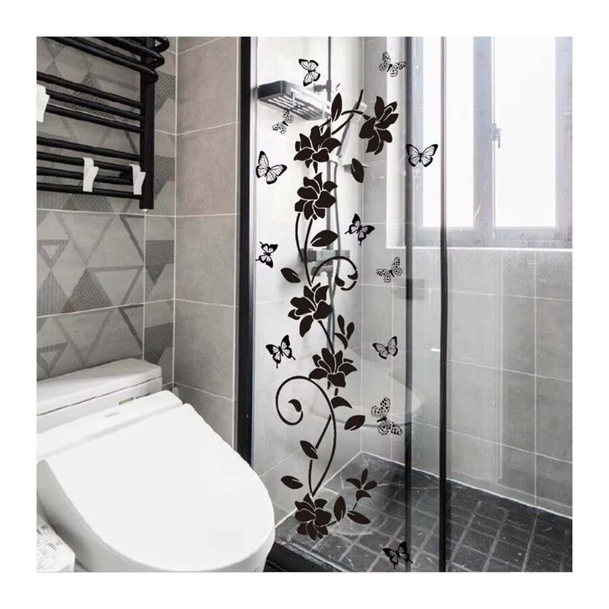 Selbstklebender Wandaufkleber von HANDANWEIRAN mit floralem Blumen-Schmetterlings-Design in Schwarz, B: 90 cm, unregelmäßige Form - Bild 2