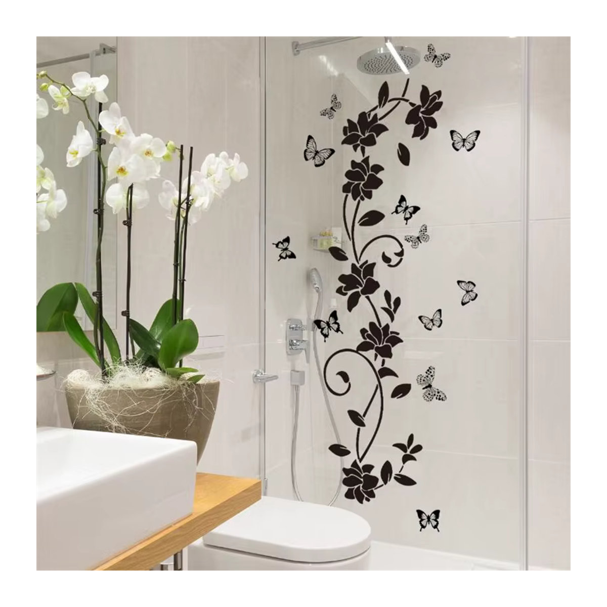 Selbstklebender Wandaufkleber von HANDANWEIRAN mit floralem Blumen-Schmetterlings-Design in Schwarz, B: 90 cm, unregelmäßige Form - Bild 3