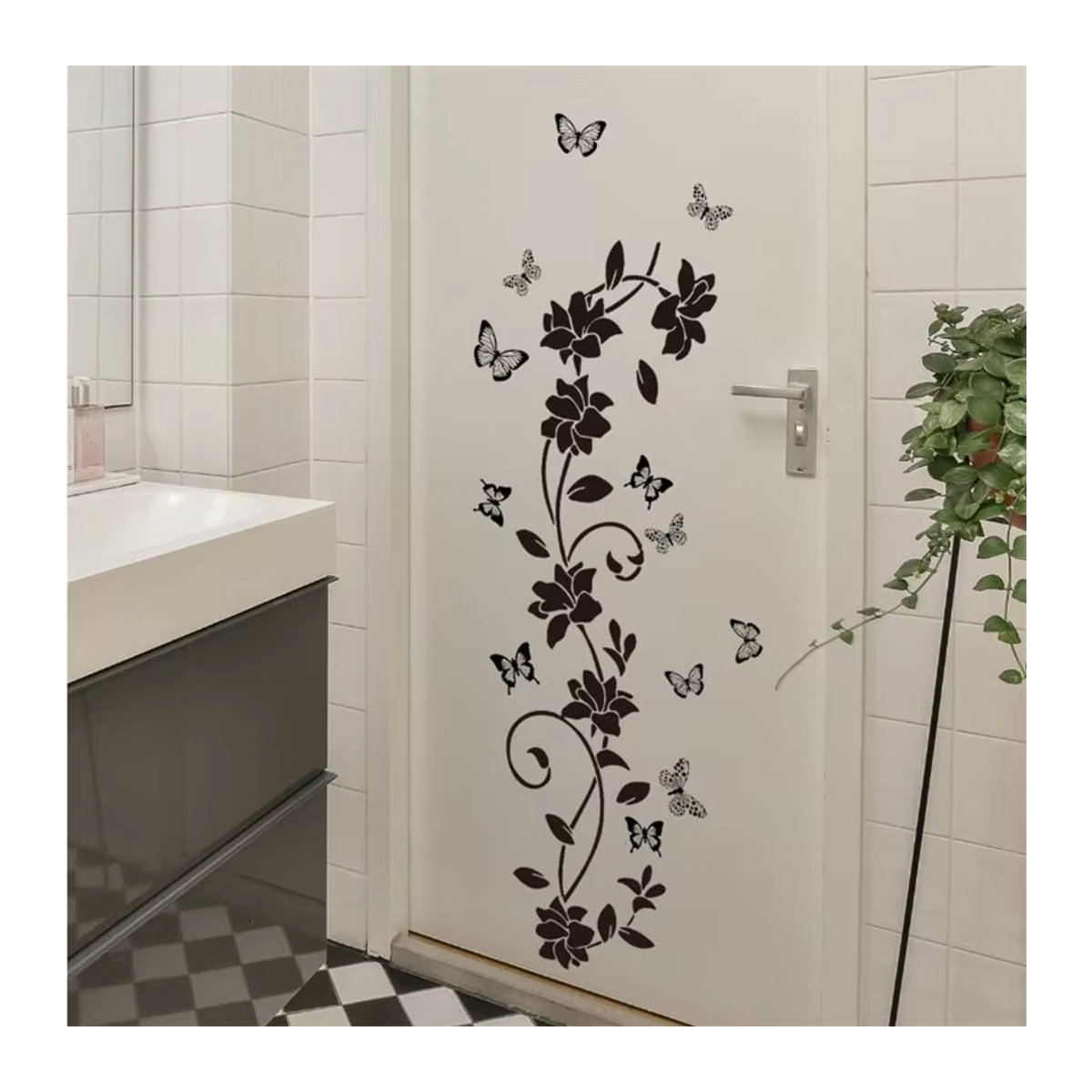 Selbstklebender Wandaufkleber von HANDANWEIRAN mit floralem Blumen-Schmetterlings-Design in Schwarz, B: 90 cm, unregelmäßige Form - Bild 5