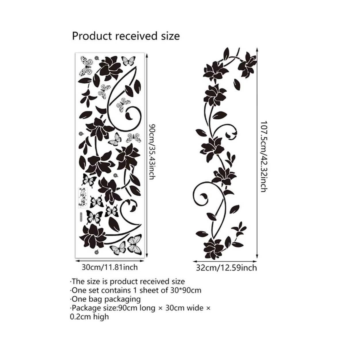 Selbstklebender Wandaufkleber von HANDANWEIRAN mit floralem Blumen-Schmetterlings-Design in Schwarz, B: 90 cm, unregelmäßige Form - Bild 6
