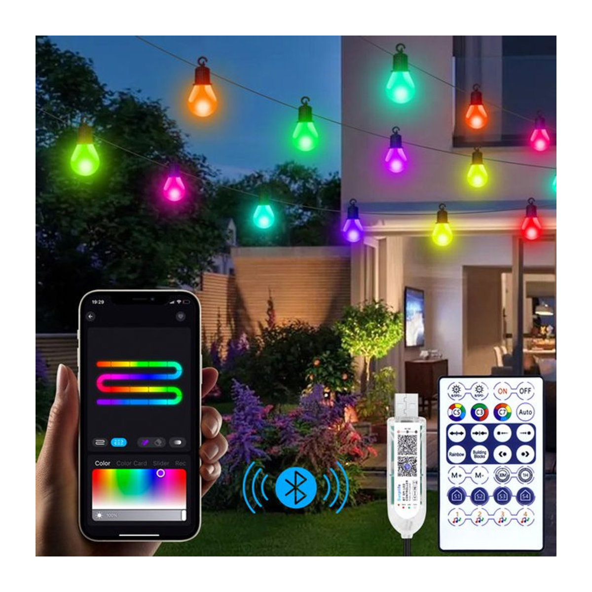 SerRickDon LED Lichterkette Outdoor Wasserdicht mit 25 Lampen und Bluetooth Steuerung, Bunt, 15m Länge, USB Anschluss - Bild 1
