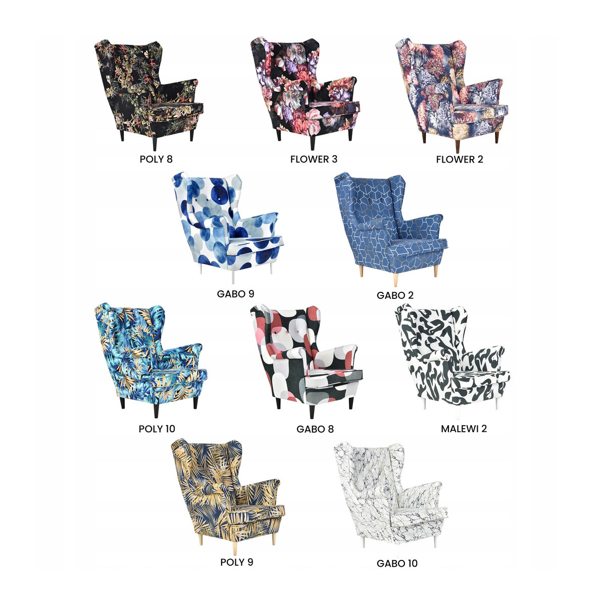 Sessel ARI PRINT von Family Meble im skandinavischen Stil mit Blattmuster in Gold und Dunkelblau - Bild 2