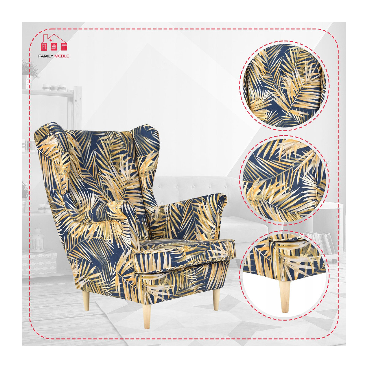 Sessel ARI PRINT von Family Meble im skandinavischen Stil mit Blattmuster in Gold und Dunkelblau - Bild 3