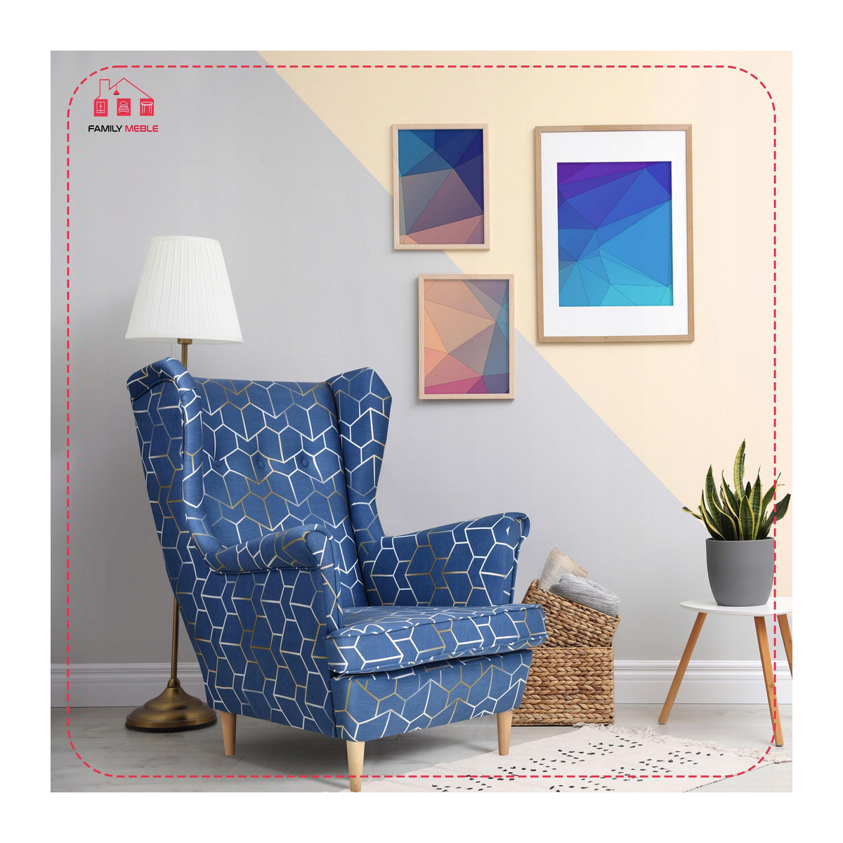 Sessel ARI PRINT von Family Meble im skandinavischen Stil mit Blattmuster in Gold und Dunkelblau - Bild 4