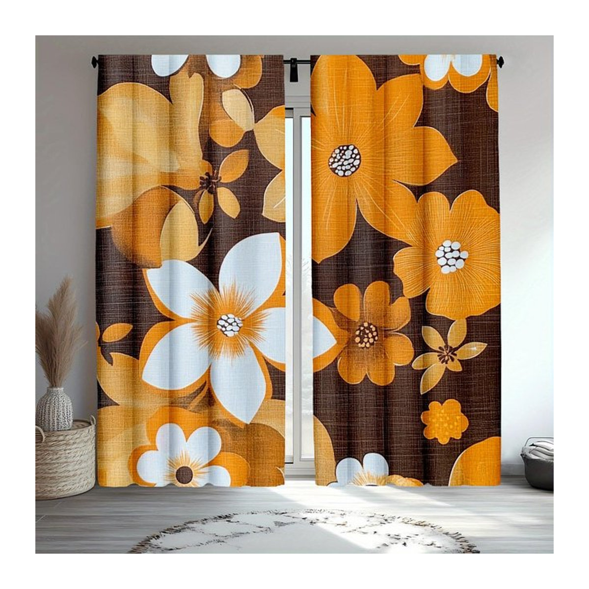 Set aus 2 blickdichten Retro Hippie Vorhängen mit Groovy Flower Power Botanik Design in Multicolor, Breite: 100 cm, Höhe: 70 cm - Bild 1