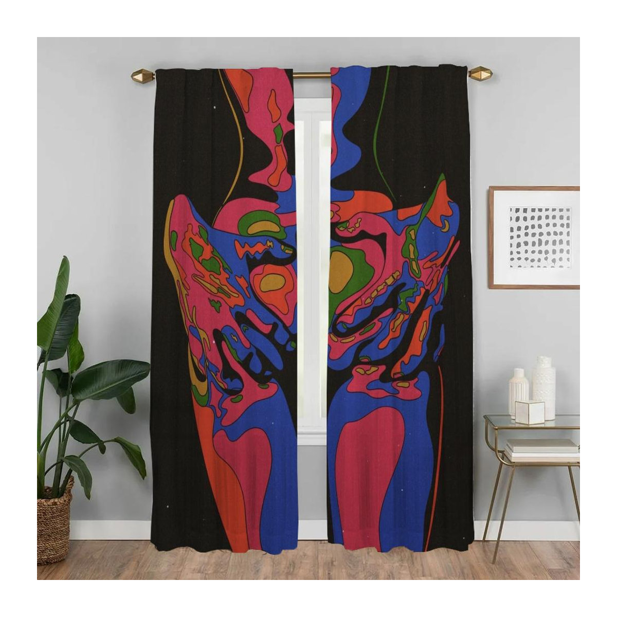 Set aus 2 blickdichten Vorhängen mit abstraktem Psychedelisch-Frauen-Design in Multicolor, Breite: 100 cm, Höhe: 130 cm - Bild 1