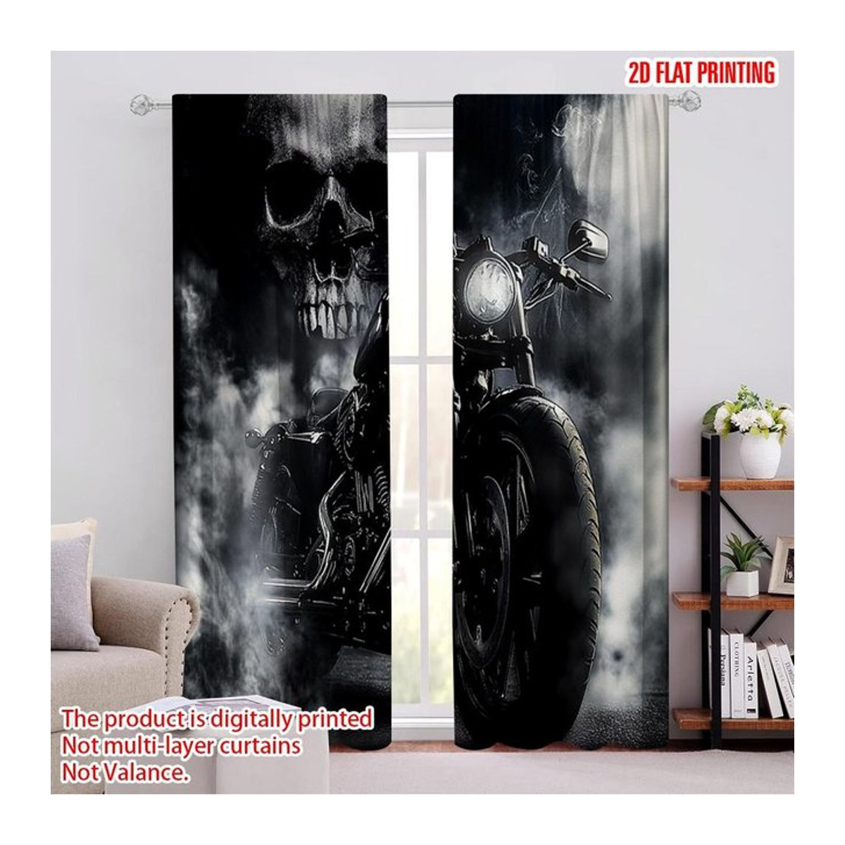 Set aus 2 blickdichten Vorhängen mit Motorradfahrer-Motiv und Totenkopf-Nebel-Design in Schwarz und Grau, Breite: 100 cm, Höhe: 70 cm - Bild 1