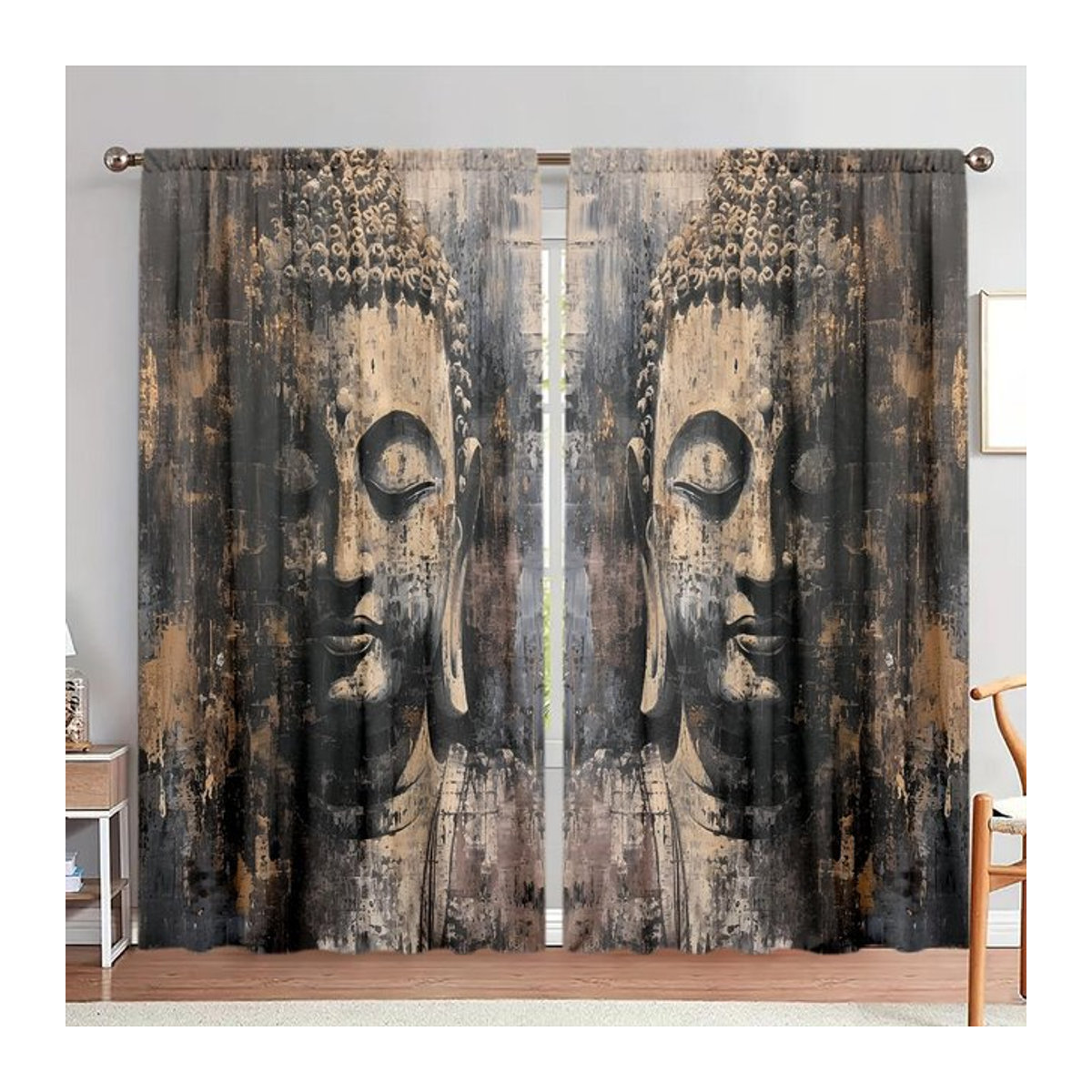 Set aus 2 Buddha-Statuen Motiv Vorhänge mit Ölgemälde-Druck aus Polyester für Schlafzimmer, Büro oder Küche, Breite: 100 cm, Höhe: 70 cm - Bild 1