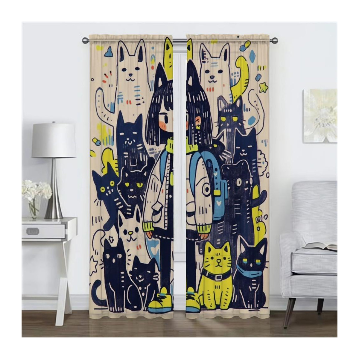 Set aus 2 dekorativen Katzen-Vorhängen für Wohnzimmer und Küche, Mehrfarbig, Breite: 100 cm, Höhe: 130 cm - Bild 1
