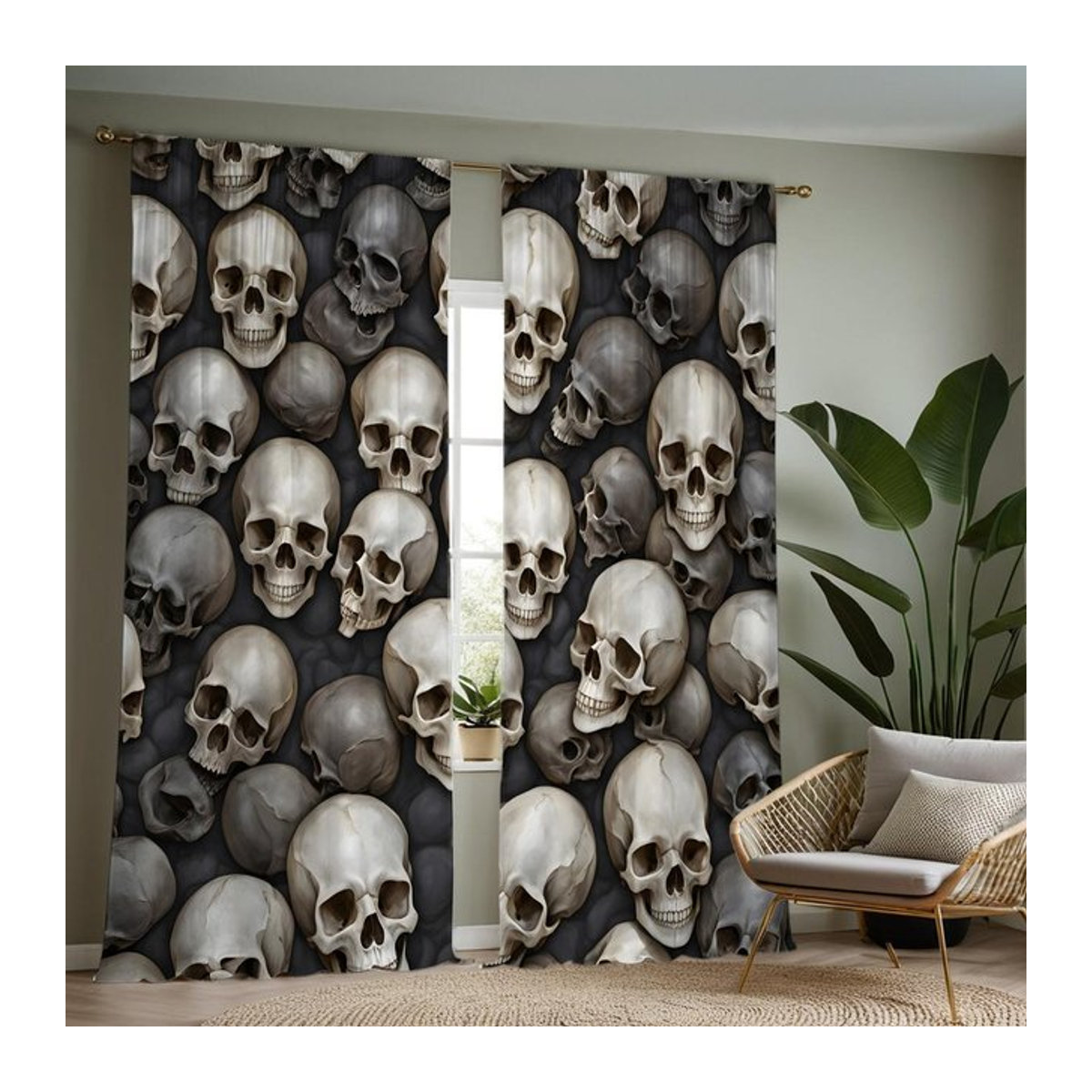 Set aus 2 dekorativen Vorhangbindern mit HD-Totenkopf-Motiv von Tonnika Chen in Weiß und Multicolor, B: 100 cm, H: 70 cm - Bild 1